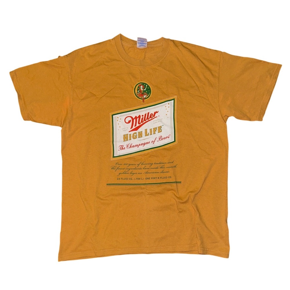 Miller‎ High Life Beer Graphic T-Shirt Gildan Ultra Cotton Gold Mustard Mens L